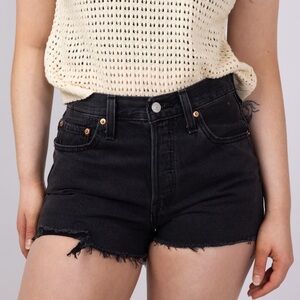 Levi’s 501 Original High Rise Frayed Edge Denim Shorts in Lunar Black